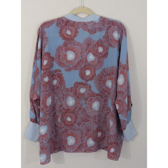 IVI Collection 100% Silk Blouse Light Blue Poppy Floral V neck Long Sleeve Sz 36 - Picture 9 of 9